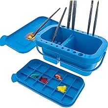 U.S. Art Supply 16 Hole Multi-Function Paint Brush Washer, Cleaner and Holder, 18 Palette Wells, Lid Plastic - Clean, Dry, Rest, Store, Hold Artist Brushes - Cleaning Acrylic, Watercolor, Oil Painting