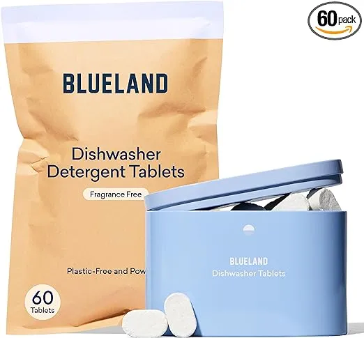 BLUELAND Dishwasher Detergent Tablet Starter Set - Unscented Plastic-Free & Eco Friendly Alternative to Liquid Pods or Sheets - Natural, Sustainable - 60 Washes