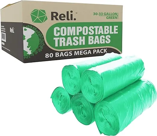 Reli. Compostable 33 Gallon Trash Bags | 80 Count Bulk | ASTM D6400 | Green | Eco-Friendly | For Compost