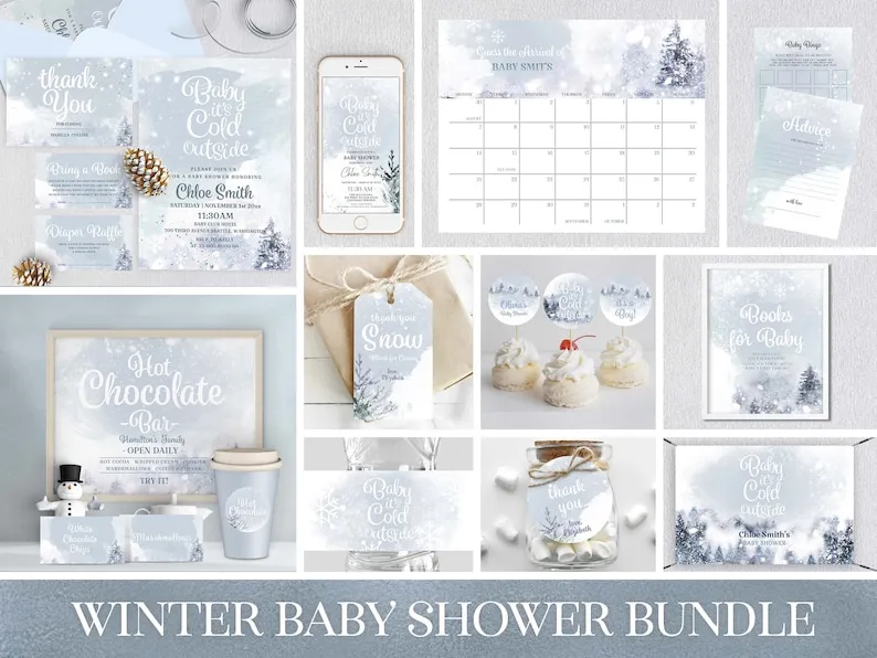 Baby its cold outside Baby Boy Shower Bundle | Boho Winter Baby Shower Invitation Winter Wonderland Baby Shower Set W220