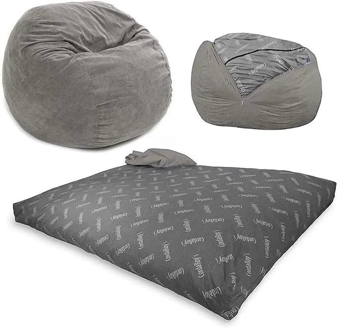 CordaRoy's Corduroy Bean Bag Chair, Convertible Chair Folds from Bean Bag to Bed, As Seen on Shark Tank, Grey - Queen Size