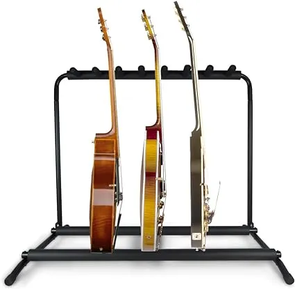 Pyle Multi-Guitar Stand 7 Slot Display Rack - Universal Framework Designed for Electric, Acoustic, Bass Guitars & Cases - Foldable, Portable, and Protective with No-Slip Non-Scratch Padding - Black