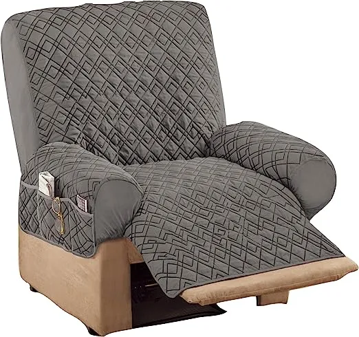 Collections Etc Diamond Quilted Stretch Recliner Cover with Storage - Slate Gray