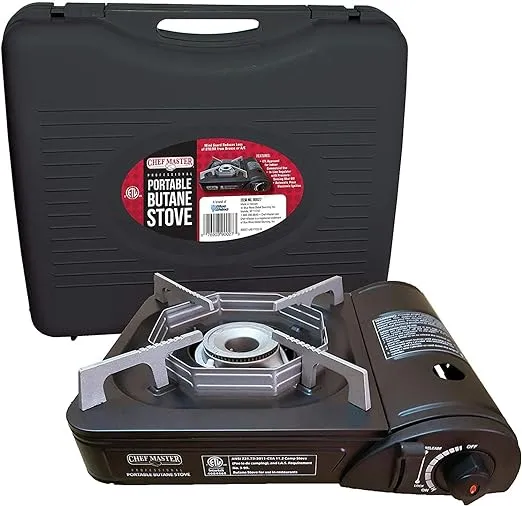 Chef Master Portable Butane Camping Stove COMBO, Piezo Ignition 7,650 BTU, Wind-Guard Portable Stove Burner with 4 x 8oz. Butane Fuel Canister for Emergency, Hiking, Outdoor Camping Essentials 90027