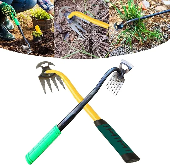 2Pcs Artifact Uprooting Weeding Tool, All Steel Hardened 2 in 1 Hollow Hoe and Rake, Heavy Duty Garden Rake Weeding Tools, Hand Hoe Gardening Weeder Tool Weed Puller for Backyard Weeding Loosening