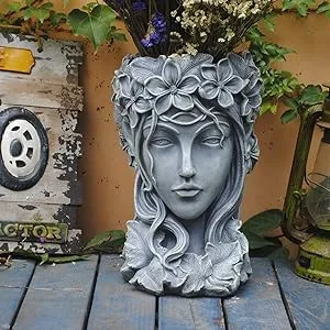 Sungmor Pretty Goddess Head Planter w/Drainage Hole, 8.9" x 13" Large Deep Lady Face Garden Pot, Beautiful Women Figurine Indoor Outdoor Flowers Plants Succulents Pot, Unique Decorative Vase for Home