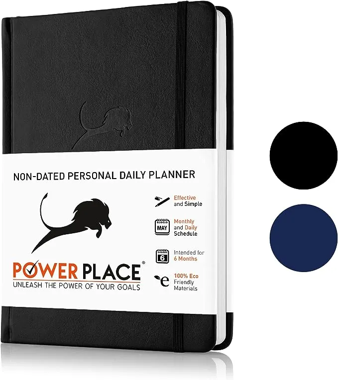 Daily Planner, Calendar and Gratitude Journal to Improve Time-Management, Productivity & Happiness | Vegan Leather Hardcover Organizer with Bland Dates, Undated 6 Months 24 Hour Agenda (Black)