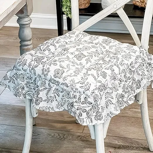 Piper Classics Gray Gables Ruffled Floral Chair Pad, 15" x 16", Gray and Off White Botanical Print Farmhouse Vintage Country Cottage Kitchen Dining Chair Cushion