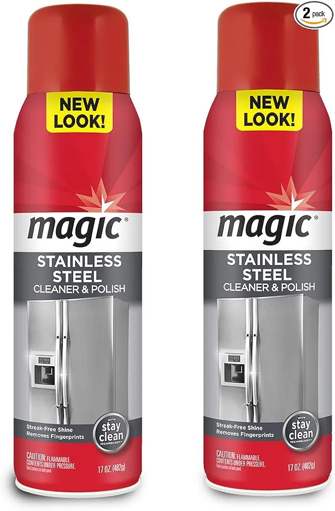 Magic Stainless Steel Cleaner Aerosol - 17 Ounce (2 Pack)- Removes Fingerprints Residue Water Marks and Grease from Appliances - Refrigerator