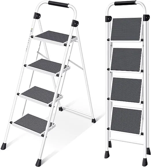 KINGRACK Step Ladder 4 Step Folding Step Stool for Adults with Handrails Heavy Duty Steel Sturdy Lightweight Collapsible Portable Step Ladder with Anti-Slip Wide Pedal,WhiteKINGRACK Step Ladder 4 Step Folding Step Stool for Adults with Handrails Heavy Du