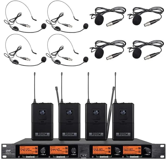 Pro Audio 4 Channel Wireless Microphone System UHF  4 Lavalier Bodypacks Headset