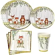 YARA Woodland Animals Baby Shower & Birthday Party Supplies For Boy & Girl Decorations with paper plates napkins and cups of Forest Creatures Friends Fox Deer Bear Racoon Theme Tableware Set Serves 24