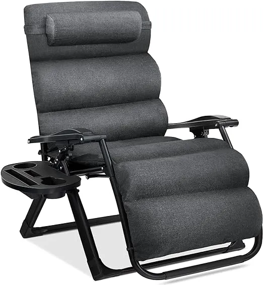 Best Choice Products Oversized Zero Gravity Chair, Folding Outdoor Patio Recliner, XL Anti Gravity Lounger w/Removable Cushion, Cup Holder, Side Tray, 350lb Capacity - Fossil Gray