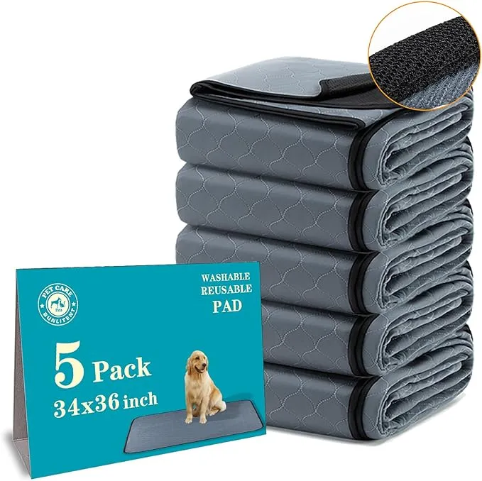 Washable Pee Pads for Dogs 5 Pack, 34x36 Reusable Puppy Pads, Dog Training Pads with Quick Dry, Anti-Slip Dog Pee Pads, Whelping Pads, Puppy Playpen Mat for Incontinence, Housebreak, Crate