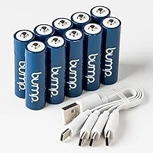 BUMP AA USB-C Rechargeable NiMH Batteries - 10 Pack - Sustainable & Cost-Effective Alternative to Lithium Ion - Fast Charging, Long-Lasting Power - Charger Cable Included