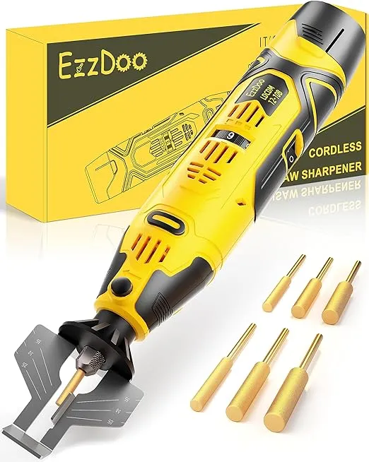 EzzDoo Cordless Electric Chainsaw Sharpener Kit - Portable 12V Chain Saw Sharpener Tool with 6 Titanium-Plated Diamond Bits(Wheels) & Angle Guide - Easy to Use for All Chainsaw Chains.