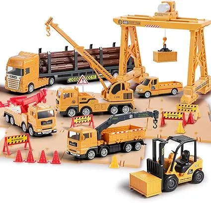 iPlay, iLearn Construction Truck Toy Set, Cargo Transport Vehicles Site Playset, Gantry Crane, Trailer, Logging, Pickup Tow Trucks, Forklift, Birthday Gift for 3 4 5 6 Year Olds Boys Kid Toddler Child