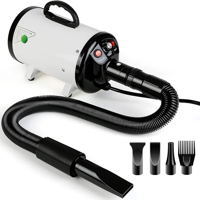 Dog Dryer, 3.8HP 2800W Pet Hair Dryer Blower for Large Dogs Grooming Blaster with Heat Wind, Adjustable Air Force Blower, Strong Power, 4 Nozzles Head, White