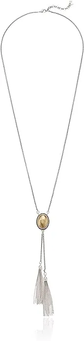 Lucky Brand Women's Two Tone Hematite Pave and Chain Tassel Reversible Lariat Necklace