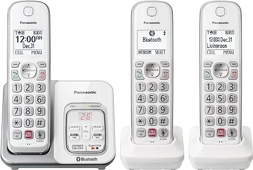 Panasonic Cordless Phone with Answering Machine, Link2Cell Bluetooth, Voice Assistant and Advanced Call Blocking, Expandable System with 3 Handsets - KX-TGD863W (White)