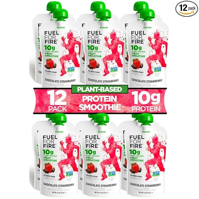 Fuel for Fire VEGAN Protein Smoothie Pouch - Chocolate Strawberry (12-Pk) | Healthy Snack & Recovery | No Sugar Added, Dietitian Approved | Plant Based Functional Fruit Smoothies (4.5oz pouches)