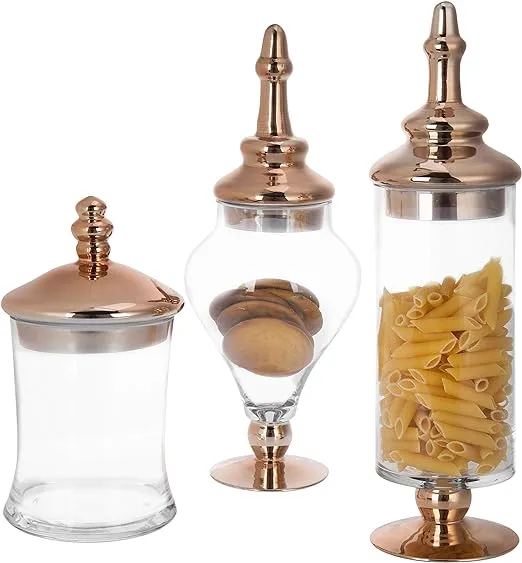 MyGift 3 Piece Set Antique Clear Glass Bathroom Apothecary Jars with Lid, Wedding Centerpiece, Kitchen Storage Jars with Metallic Copper Base and Lids