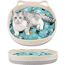 Lylyzoo Cotton Rope Cat Bed for Indoor Cats, Round Donut-Shape Scratch Pad Bed, Cool Sofa, Nest Basket Beds for Small Cats Kitties Pets in Hot Weather (Beige & Grey)Lylyzoo Cotton Rope Cat Bed for Indoor Cats, Round Donu…