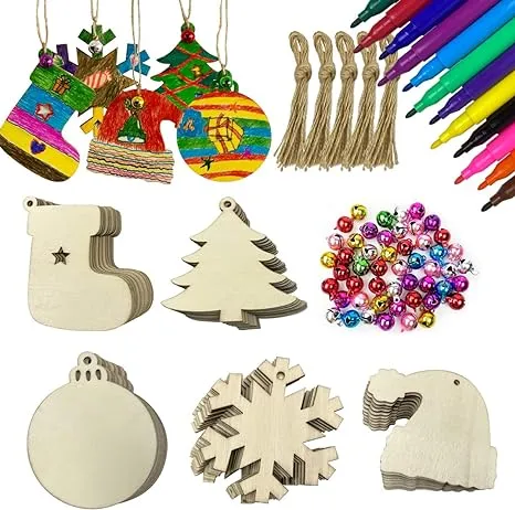 Anditoy 50 PCS Christmas Wooden Hanging Ornaments Unfinished Wood Slices Christmas Crafts for Kids DIY Christmas Decorations