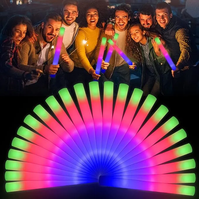 LifBetter 50 PCS/Pack 16 LED Foam Glow Sticks, 3 Modes Flashing Multicolor Light