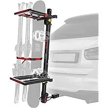 Tyger Auto TG-RK1B707B Folding Hitch-Mounted Ski/Snowboard Rack Fits 2" or 1.25" Receiver Carries 6 Pair Skis or 4 Snowboards | Key Lock | Security Strap | Vertical Adjustable | Tilt Access