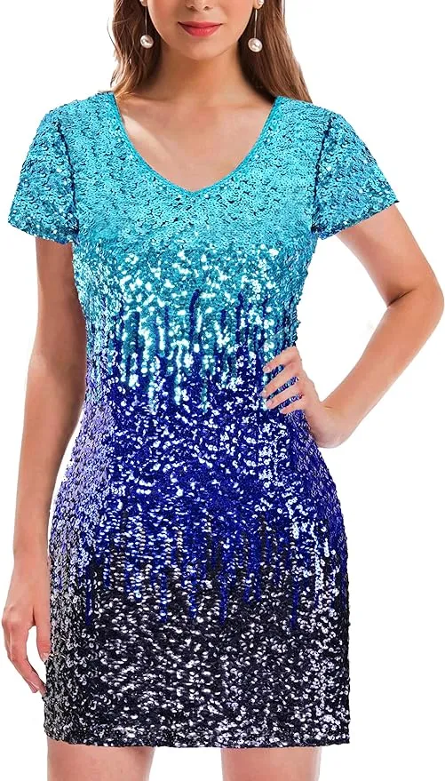 MANER Women's Sequin Glitter Short Sleeve Dress Sexy V Neck Mini Party Club Bodycon Dresses