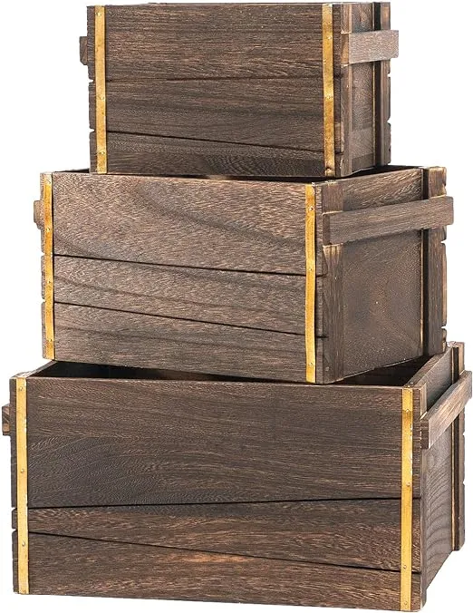 SLPR Decorative Crates for Storage with Metal Strips (Dark Brown, Set of 3): Country Photo Props, Album Storage for Vinyl Records, Wood Boxes for Crafts, Vintage Wooden Baskets with Handles