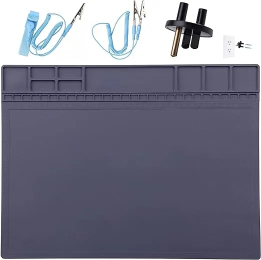 Anti-Static Mat ESD Safe for Electronic Includes ESD Wristband and Grounding Wire, HPFIX Silicone Soldering Repair Mat 932°F Heat Resistant for iPhone iPad iMac, Laptop, Computer, 15.9” x 12” Grey