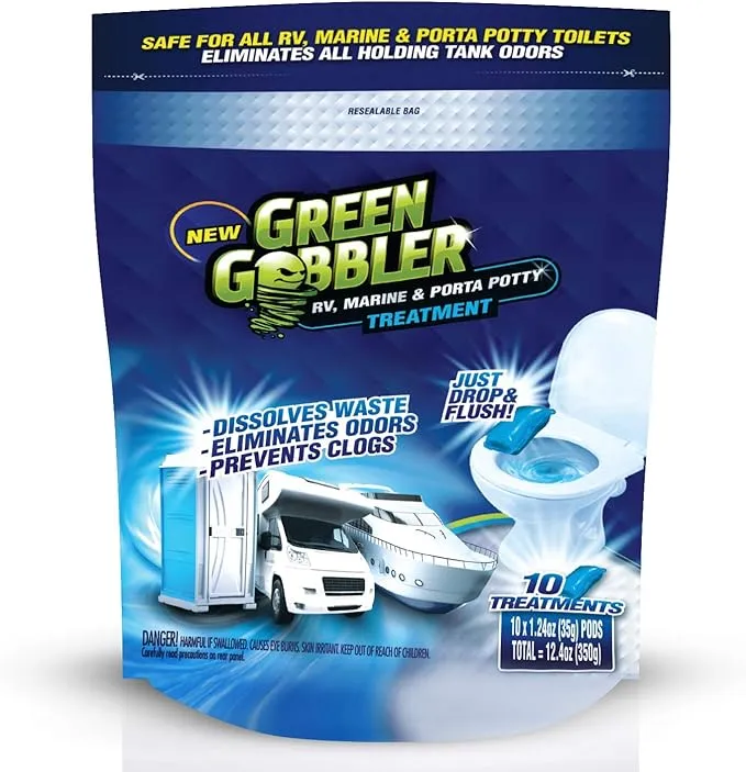 Green Gobbler Holding Tank Deodorizer and Treatment | RV, Marine & Porta Potty Treatment | Prevents Clogs & Waste Build-Up (10 Pod Pouch)