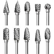 Tungsten Carbide Rotary Burr Set for Dremel, 10PCS Carbide Double Cut Carving Burr Bits with 1/8” Shank Rotary Tool Accessories for Woodworking, Engraving, Drilling, Steel Metal Working