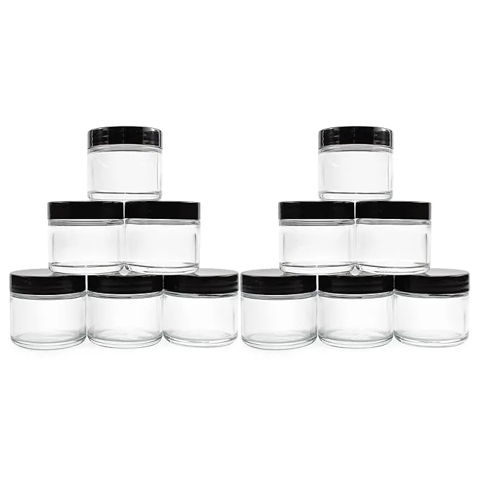 2oz Straight Sided Clear Glass Jars 12 Pack, Airtight Glass Jar with Black Plast