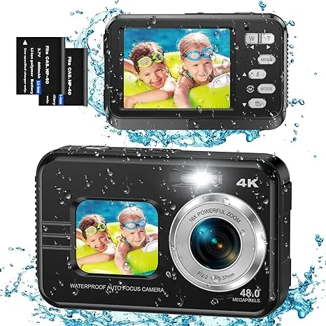 ZNIARAKL Underwater Cameras, 4K Waterproof Digital Camera 48 MP Autofocus Function Selfie Dual Screens with 16X Digital Zoom Compact Portable 11FT Underwater Camera for Snorkeling, 2 Battery(Black)