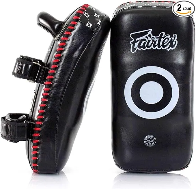 Fairtex KPLS2 Muay Thai Kick Pads Superior All Genuine Leather | Professional Training Pads for Boxing, MMA, and More | Cow Hide Leather, Curved Design, Hook & Loop Closure, Padded Straps (Black/Red)