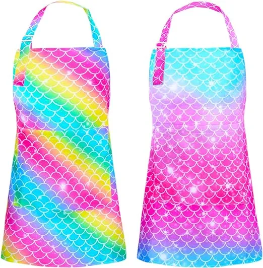 PASHOP 2 Pack Kids Apron Rainbow Mermaid Aprons With Pockets for Children Girls Boys Toddler Apron for Painting Cooking Baking