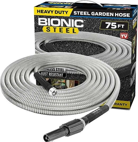 Bionic Steel 75 Foot Garden Hose 304 Stainless Steel Metal Super Tough & Flexible Water Hose, Lightweight, Crush Resistant Aluminum Fittings, Kink & Tangle Free, Rust Proof, Easy to Use & Store