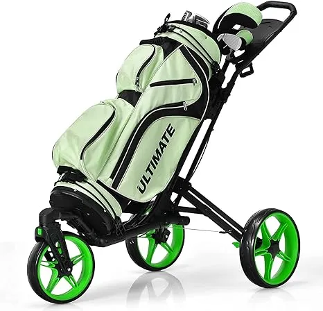 Tangkula Golf Push Cart with 360° Rotating Front Wheel, Aluminum Collapsible 3 Wheels Golf Pull Cart, Golf Trolley w/Elastic Strap, Scoreboard Storage & Foot Brake, Height-Adjustable Handle