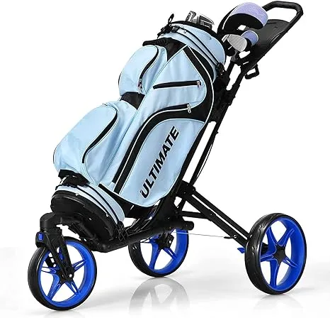 Tangkula Golf Push Cart with 360° Rotating Front Wheel, Aluminum Collapsible 3 Wheels Golf Pull Cart, Golf Trolley w/Elastic Strap, Scoreboard Storage & Foot Brake, Height-Adjustable Handle