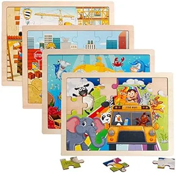 4 Packs 24 PCs Jigsaw Puzzles for Kids Preschool Educational Brain Teaser Boards Toys Animal Zoo Bus Marine World Construction Sites Children Enlightenment 3 Years Old and Up