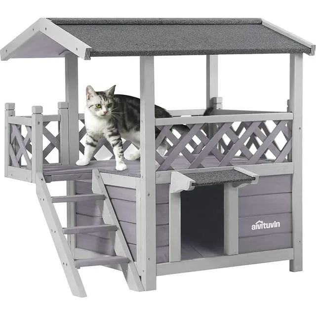 Aivituvin Wood Cat House with Balcony, Outdoor Kitty Shelter with Stairs