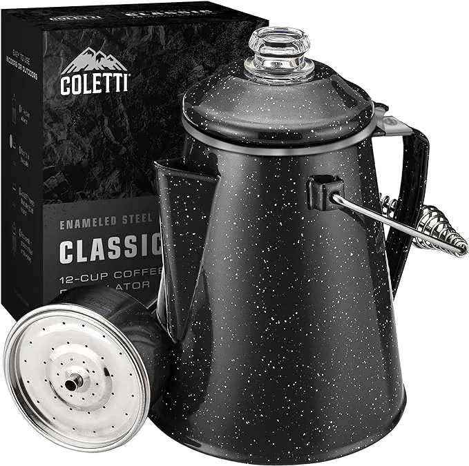 COLETTI Classic Camping Coffee Percolator - 12 Cup Enamelware Pot for Campsite, Cabin, Hunting, Fishing, Backpacking, & RV (Black)