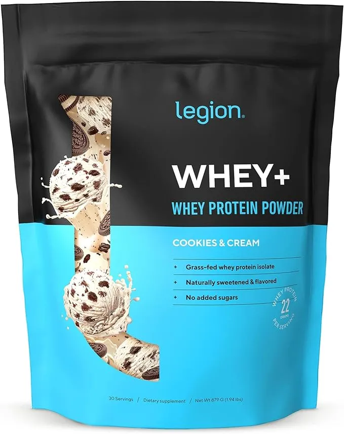 LEGION Whey+ Cookies & Cream Whey Isolate Protein Powder from Grass Fed Cows - Low Carb, Low Calorie, Non-GMO, Lactose Free, Gluten Free, Sugar Free. All Natural Whey Protein Isolate, 30 Servings…