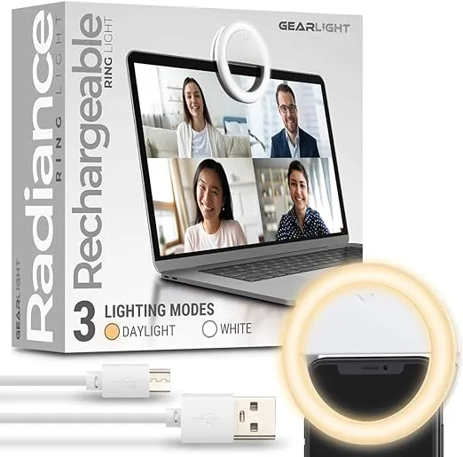 GearLight Selfie Ring Light for Computer or Phone - iPhone Compatible LED Lighting for Laptop Webcam, Video Recording - Rechargeable Circle Clip on Ringlight - Cute Stuff & Room Decor for Teen Girls