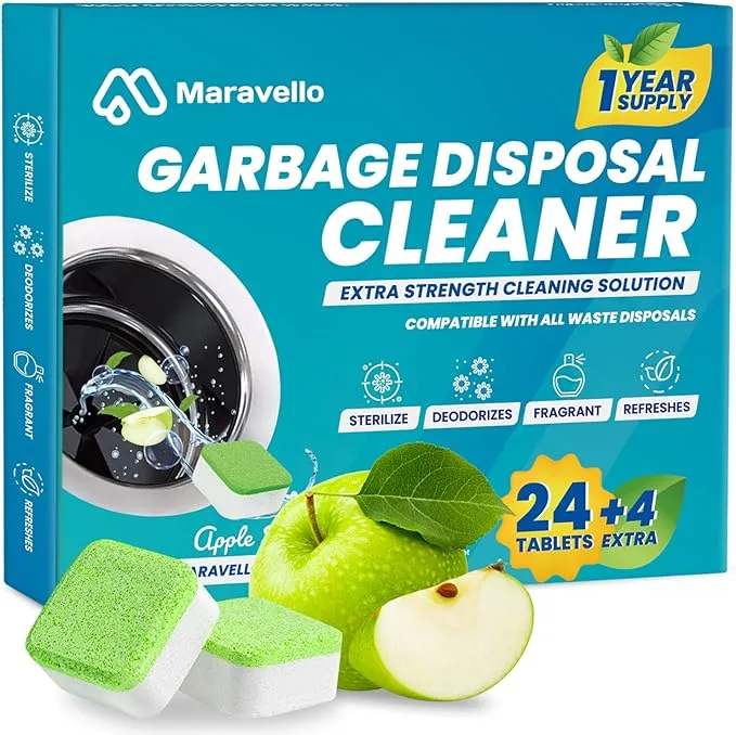 Maravello Garbage Disposal Cleaner and Deodorizer 28 Tablets Sink Foaming Garbage Disposer Freshener - Kitchen Drain Cleaning Pods with Apple Fresh Formula - 1 Year Supply