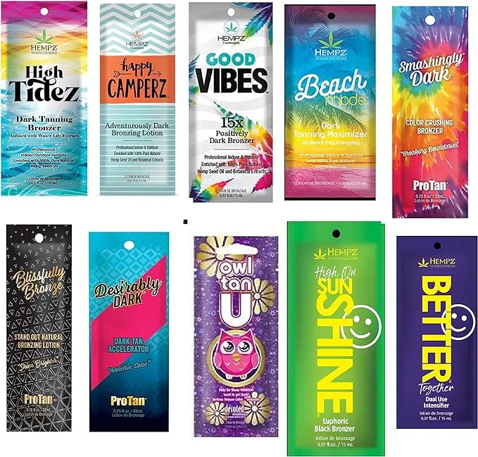 10 New Tanning Lotion Sample Packets - Major Brands Bronzer & Intensifier - 10 Assorted Packets