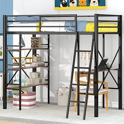 Twin Loft Bed with Desk, Metal Loft Bed with 2 Bookcase, Shelf and Build in Hanging Clothes Rack, No Box Spring Needed, Black Loft Bed Twin Size